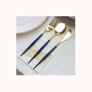 Juego de Cubiertos de acero inoxidable con mango largo redondo de diseño azul Tono dorado Chapado en níquel y plata Aspecto elegante para el regreso a la escuela - Product Image 1