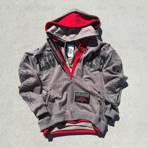 OEM Seasonal Specials 3 Layered Ripped Rhinestones <b>Zip</b> <b>up</b> <b>Hoodie</b> Men Custom Vintage Washed printed Layer men <b>Hoodie</b> - Product Image 1