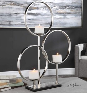 Porte-bougie rond en acier inoxydable de haute qualité, design classique, décoration d'intérieur en métal argenté, cadre en tube, plateau en marbre. - Product Image 1
