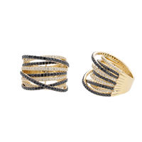 Luxuriöser Damenring aus 14K Gold mit Rhodium-Beschichtung, Breites Band mit Auffälligem Überkreuz-Design, Abwechselnde Reihen Brillant Geschliffener Diamanten
