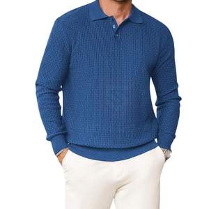 Polo à manches longues bleu royal pour homme, texture gaufrée, chemise décontractée, automne hiver, chaud, logo personnalisé, vente en gros - Product Image 5