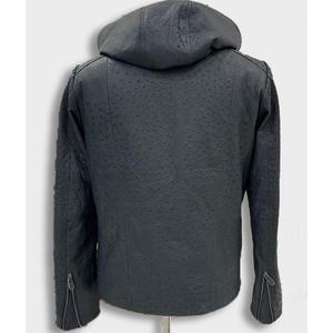 เสื้อแจ็กเก็ตหนังนกกระจอกเทศสำหรับผู้ชาย,เสื้อแจ็กเก็ตหนังวัวสีเทามีฮู้ดพิมพ์ลายนูนหรูหราใหม่ - Product Image 6