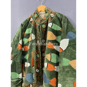 Autumn Winter Unisex Velvet Fish Embroidery Uzbek Suzani Jacket Stand Collar Cotton Lining Floral Pattern Wholesale Short <b>Coat</b> - Product Image 4