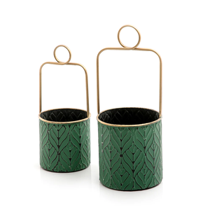 Ensemble de deux feuilles Design or et vert couleur vase à fleurs Pot de fleur en métal de haute qualité pour la décoration de salon - Product Image 1
