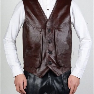 Chaleco de cuero genuino para hombre, capa superior, piel de vaca, múltiples bolsillos, Delgado, de talla grande, ecológico, invierno, sólido, Retro - Product Image 1