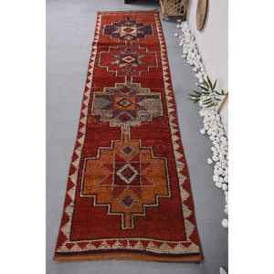 Tapis en laine vintage rouge et orange patchwork, style traditionnel, grande surface 9x12, design rectangulaire pour couloir, avec envers en latex écologique - Product Image 1