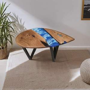 Table à manger rectangulaire moderne en bois d'acacia avec dessus en résine époxy artisanale de luxe bleue, imperméable, pour salon, couleur personnalisable - Product Image 4