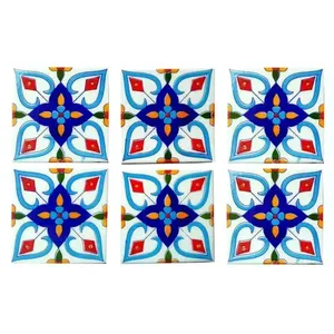 Azulejos de pared de mosaico decorativo Floral de cerámica azul Juego de acabado brillante pulido de 4x4 pulgadas 6 para uso interior Ladrillo refractario mate - Product Image 1