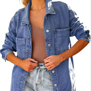 Chaqueta vaquera con botones de gran tamaño a la moda para mujer con dobladillo con abertura de manga larga y bolsillo Estilo sexy Vintage para Otoño e Invierno - Product Image 1