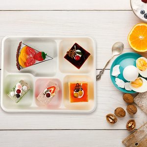 Plats et assiettes à plateau de repas en bagasse écologique jetable naturel plaqué à 5 compartiments - Product Image 5