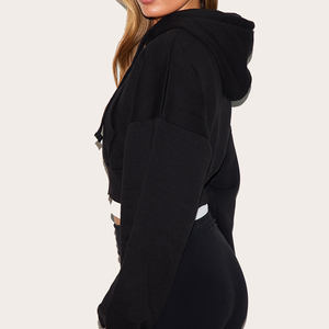 Service du fabricant Sweat à capuche noir à épaules tombantes avec poche pour femmes Anti-rides et respirant Sweats à capuche pour femmes Sweat à capuche zippé - Product Image 1