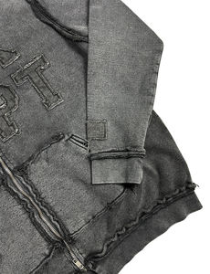 Custom Acid Wash Zip-Up Hoodie Sweat <b>Pants</b> Set 100% Cotton Distressed Embroidery Raw Edge Patch Tracksuit OEM Service Available - Product Image 5