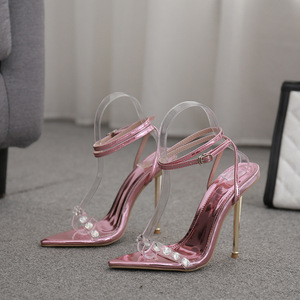 Sandalias de tacón ultraalto con tiras finas cruzadas, de encaje y pedrería plateada, venta al por mayor de fábrica. - Product Image 6