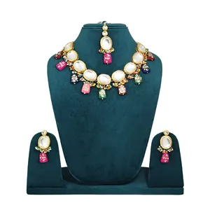 Ensemble de collier plaqué or Kundan avec perles de zircon multicolores pour mariage ou bijoux fins, cadeau pour femmes - Product Image 1