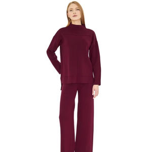 ชุดเสื้อสเวตเตอร์และกางเกง2ชิ้นสำหรับผู้หญิงชุดเสื้อถักแขนยาวเอวยางยืดชุดเสื้อถักขากว้างมีสไตล์ - Product Image 1