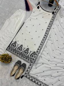 ETHENIC WORLD FASHION NOUVEAU KURTA PALAZZO BLANC ET NOIR À MOTIFS GÉLIFÉS AVEC DUPATTA POUR TENUE CASUELLE ET FÊTES DE BUREAU - Product Image 3