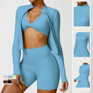 Ensemble de yoga 4 pièces pour femmes, tenue d'entraînement respirante en Spandex/Nylon pleine longueur avec logo frontal - Product Image 2