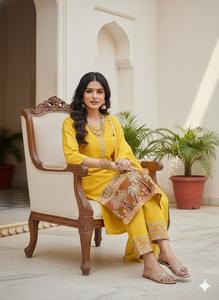 Trajes de Tres Piezas Modernos de Algodón para Mujer, con Dupatta de Chinnon y Adornos Payal, para Fiestas, con Bordado Romano Kingsa - Product Image 3