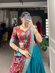 Lehenga choli สีฟ้าสดใสสำหรับงานเลี้ยงเจ้าสาวงานปาร์ตี้สาวๆพิมพ์ลายคาลามารีแบบดั้งเดิมของผู้หญิง - Product Image 2