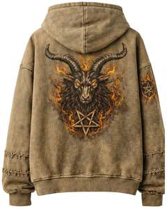 Customized <b>Brown</b> Acid Wash Gothic <b>Hoodie</b> With Devil Goat Back Print Heavy Fleece Streetwear <b>Zip</b> Up <b>Hoodie</b> Custom Vintage Look - Product Image 1