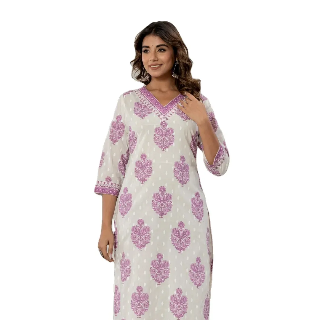 Traditionele Indiase Pakistaanse Stijl Puur Katoenen Stof Met Bloemenprint A-Line Kurta Gecombineerd Met Palazzo Broek Etnische Sets Voor Dames