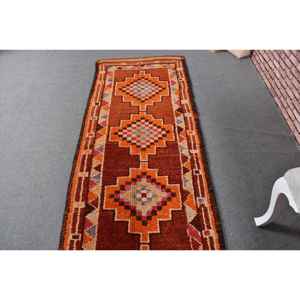 Alfombra Turca de 2.6x12.5 pies, Alfombra Vintage, Alfombra Abstracta Herki Naranja - Product Image 4