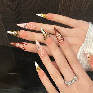 Diseño acrílico de uñas de gota de agua larga Rosy Peach Nude Dollcore cintas y aplicación de dedo de rosas - Product Image 2