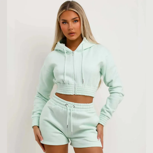 Custom Summer Hooded Solid Tracksuit <b>Set</b> for <b>Women</b> 2-Piece Outfits Streetwear Fashion <b>Shorts</b> <b>and</b> Crop <b>Top</b> - Product Image 2