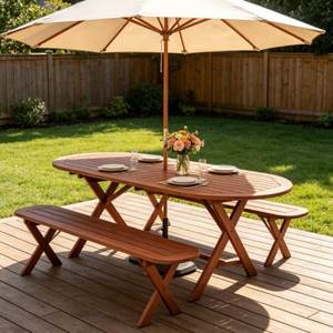 <b>Wooden</b> Patio <b>Bench</b> Set Outdoor Furniture Rustic Modern Design Durable Weather Resistant 4 Seater Garden Deck Table with Umbrella - Product Image 1