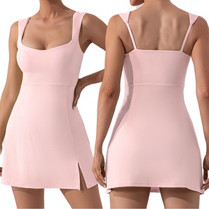 Vestido de Tenis Ajustado con Cuello Cuadrado Rosa para Mujer, Ropa de Verano Transpirable, Color Sólido, Sin Mangas - Product Image 1