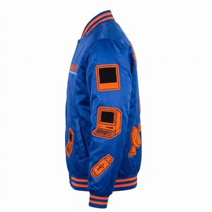 Blouson Bomber en Satin Personnalisé pour Homme, Orange Cobalt, Patchs en Chenille Brodés, Logo Personnalisé OEM, Streetwear - Product Image 4