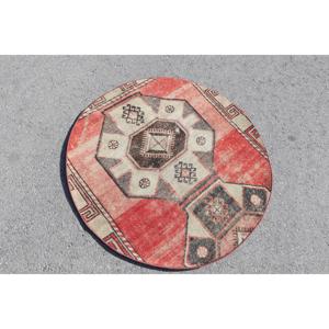 พรมตุรกีโบราณ ทรงกลม ขนาด 3.5x3.5 ฟุต (106x107 ซม.) พรมขนสัตว์สีแดงสไตล์ตะวันตกเฉียงใต้ - Product Image 4