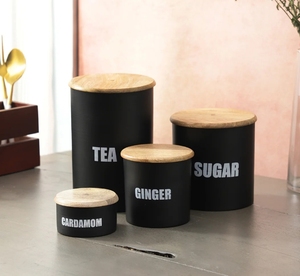 ภาชนะขิงและกระวานชาโลหะสีดำพร้อมฝาไม้ชุดเก็บอาหาร4ชิ้นของตกแต่งห้องครัวแบบชนบท - Product Image 2