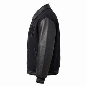 Blouson universitaire à col en laine noire, manches en cuir, col chemise en cuir, lettres en chenille, coupe décontractée OEM, boutons-pression épais - Product Image 3