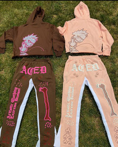 Sweat à capuche personnalisé épais 500gsm 100% coton imprimé bouffant polaire Baggy empilé pantalon de survêtement évasé et ensemble sweat à capuche survêtement pour hommes - Product Image 2