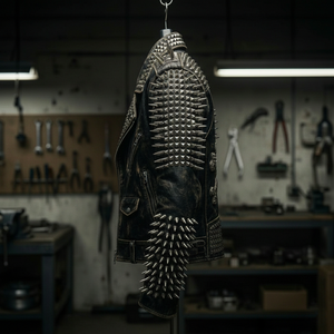 Blouson de moto en cuir noir avec revers pyramidaux et longues pointes, blouson en cuir à épaules à pointes coniques - Product Image 3