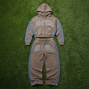 Conjunto Deportivo Personalizado para Mujer, Sudadera Corta con Cremallera en Dos Tonos Marrón y Azul, Pantalones Deportivos Anchos, Venta al Por Mayor OEM - Product Image 6