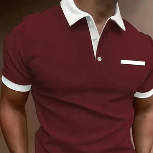 เสื้อยืดคอโปโลผู้ชายลายตารางหมากรุกผ้าคอตตอนผสมสีแดงสบายแขนครึ่ง - Product Image 1