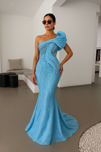 Vestido de fiesta de satén romántico con hombros descubiertos con bordado floral Silueta de línea A suave y decoración de patrón de fiesta - Product Image 2