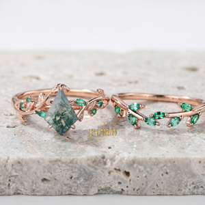 Anillo de compromiso de lujo con ágata musgosa tallada en forma de cometa, oro macizo de 18K, diseño de hoja de esmeralda y guirnalda, joyería fina inspirada en la naturaleza - Product Image 1