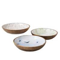 Mangkuk kayu Acacia Modern dengan pembuatan cetakan Enamel mangkuk Salad perlengkapan makan kualitas terbaik dengan Server Set dengan harga murah