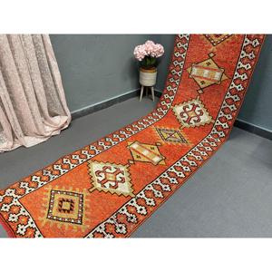 Vintage <b>Runner</b> Rug, 3x12.3 ft Turkish Rug, <b>Red</b> Polka dot Wool Rug - Product Image 2