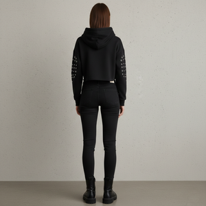 Edgy <b>Gothic</b> Punk Style Women's Crop Top <b>Hoodie</b> 3D Embroidery Black Pullover Heavy Chain Strings Utility Arm Zipper Pocket Front - Product Image 2