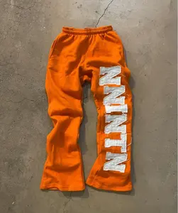 Pantalones de chándal acampanados de lavado ácido pesado personalizados para hombres Sun Faded estampado estilo gráfico frontal plano cierre de cordón informal - Product Image 6