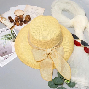 Beach straw <b>hat</b>, conical <b>hat</b> with large brim, plain, feminine bow tie - Product Image 2