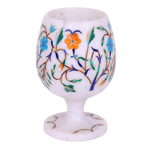 Copa de vino hecha a mano de mármol blanco pulido de 4 "con incrustaciones de piedra multicolor Estilo antiguo Producto artesanal de piedra Premium - Product Image 2