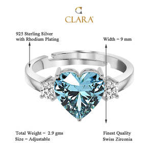 NOVAMART Fine Sky Blue Heart <b>Ring</b> for Women Girls-925 Sterling <b>Silver</b> Rhodium Plated <b>Adjustable</b> Band Swiss Zirconia Inlay Techno - Product Image 5