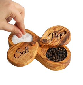 Cave à sel en bois d'acacia naturel et boîte de rangement pour épices couleur marron foncé Cave à sel et à poivre ronde Ustensiles de cuisine - Product Image 4