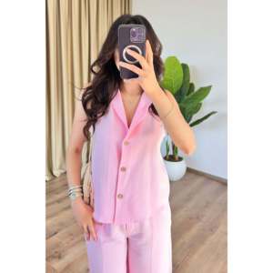 <b>Linen</b> Carrot Pants and Vest Pink Wholesale <b>Set</b> - Pink - Product Image 2