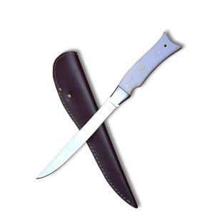 Couteau de cuisine fait à la main avec filet en acier au carbone manche en micarta blanc cadeau de qualité bricolage OEM personnalisable pour la fête des pères. - Product Image 1